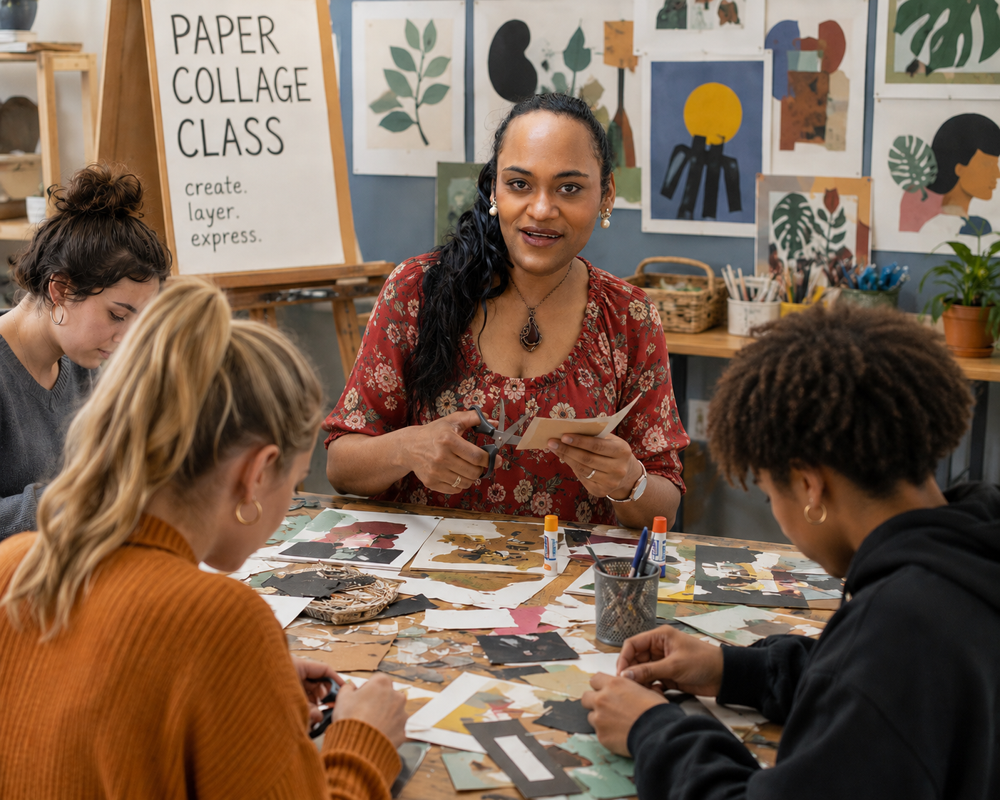 Nadia Shaik leading a paper collage class with students